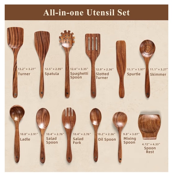 12 Piece Teak Wood Kitchen Utensils Set - Picture 3 of 6